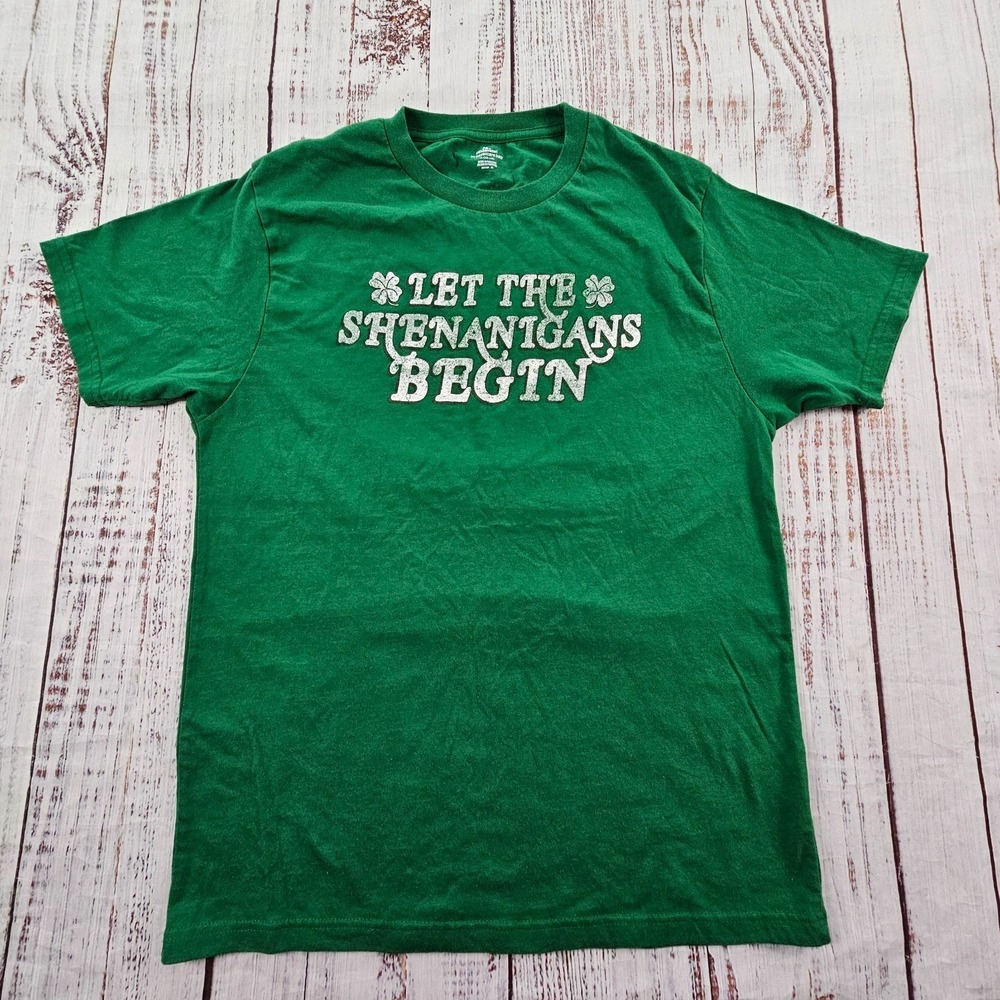 Let the Shenanigans Begin Green Short Sleeve Cotton Blend T-Shirt Men's M
